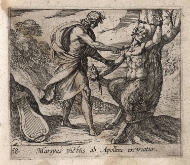 Аполлон сдирает кожу с сатира Марсия, проигравшему богу солнца состязание в пении. Гравировал Антонио Темпеста для своей знаменитой серии "Метаморфозы" Овидия, л.58. Амстердам, 1606
