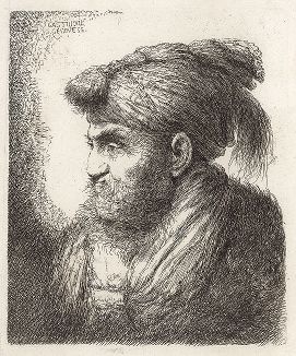 Голова старика в восточном тюрбане (влево). Офорт Джованни Кастильоне из сюиты «Большие головы, убранные на восточный манер», ок. 1645-50 гг. 