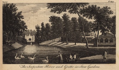 Живописный вид на реку Серпентайн и грот в садах Стоу в Бэкингемшире (из A New Display Of The Beauties Of England... Лондон. 1776 год. Том 1. Лист 279)