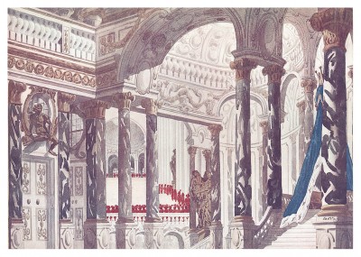 Décor du baptême. Баптистерий. Леон Бакст, эскиз декорации для балета "Спящая красавица". L'œuvre de Léon Bakst pour "La Belle au bois dormant", л.VII. Париж, 1922