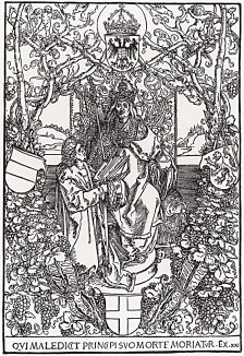Конрад Цельтис (1459--1508) преподносит свою книгу императору Максимилиану I (1459--1519) (гравюра Дюрера)