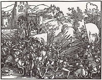 Войска Олоферна против израильтян. Иллюстрация из двухтомного издания Der Beschlossen Gart des Rosenkrantz Mariae, изданного в Нюрнберге в 1505 году. Мастерская Альбрехта Дюрера