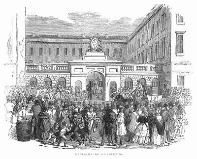 Здание "Четырёх Судов", в котором происходит процесс над ирландским политическим деятелем Дэниэлом О’Коннеллом, осуждённым в 1844 году за организацию ряда митингов против британо-ирландской унии (The Illustrated London News №92 от 03/02/1844 г.)