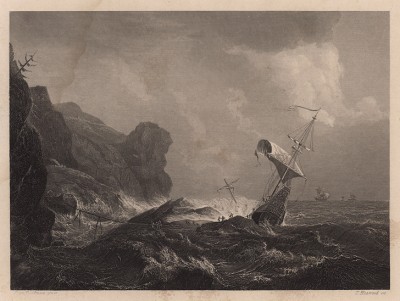 Буря на море. Гравюра с картины Алларта ван Эвердингена. Картинные галереи Европы, т.3. Санкт-Петербург, 1864