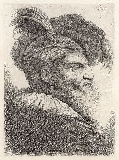 Голова старика в восточном тюрбане (вправо). Офорт Джованни Кастильоне из сюиты «Большие головы, убранные на восточный манер», ок. 1645-50 гг. 