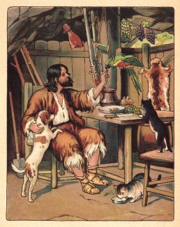 Робинзон Крузо в своем шалаше. Лист из детской книги "Робинзон", изданной в Германии в начале 20 века