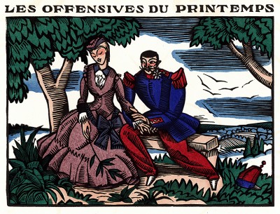 Весеннее любовное наступление. Рекламная иллюстрация в стилистике французской народной картинки, исполненная в технике пошуар. Les feuillets d'art. Париж, 1920 