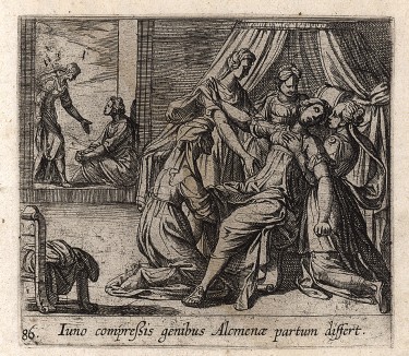 Юнона наблюдает за родами Алкмены. Гравировал Антонио Темпеста для своей знаменитой серии "Метаморфозы" Овидия, л.86. Амстердам, 1606