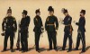 Голландские егеря: горнист в парадной форме, егерь в полевой форме и офицеры в парадной форме. Офицеры административной службы в парадной и повседневной формах одежды
