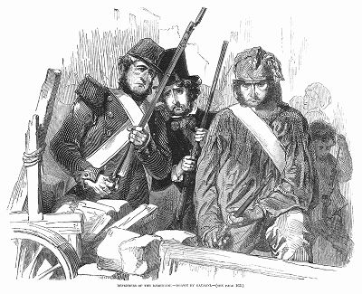 Защитники баррикад, сооружённых парижанами во время буржуазно--демократической Революции 1848 года во Франции, свергнувшей короля Луи--Филиппа I (The Illustrated London News №307 от 11/03/1848 г.)