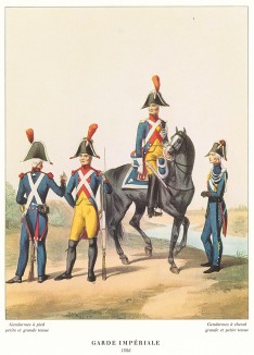 Пешие и конные жандармы армии Наполеона Бонапарта. Репринт середины XX века со старинной французской гравюры