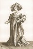 Знатная швейцарская дама XVI века в изящной шляпке и пышном парадном платье (акватинта, выполненная по рисунку Ганса Гольбейна младшего, хранящемуся в публичной библиотеке города Базеля. Базель. 1790 год)