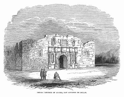 Аламо -- бывшая католическая миссия, изначально известная как Сан--Антонио--де--Валер, служившая одновременно крепостью, а ныне -- музей в крупнейшем городе Сан--Антонио в штате Техас (The Illustrated London News №111 от 15/06/1844 г.)