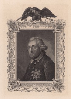 Одна из многочисленных гравюр середины XIX века с самого известного портрета Фридриха Великого (1712-86) кисти Антона Граффа. Берлин, 1840-е гг.