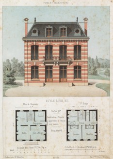 Эскиз и план дома с балконом в классическом стиле (из популярного у парижских архитекторов 1880-х Nouvelles maisons de campagne...)