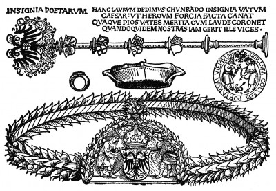 Знаки отличия члена Венского Королевского общества поэтов. Гравюра Ганса Бургкмайра из Conrad Celtes / Rhapsodia de Boemannis. Аугсбург, 1505. Репринт 1931 г.