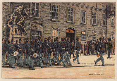 Австро-венгерская армия. Пехотный батальон марширует по улицам Вены (из редкого альбома Der Osterr. Ung. Soldat mit waffe und Werkzeug. Armee-Bilderbuch (нем.), изданного в Штраубинге (Германия) в 1911 году)