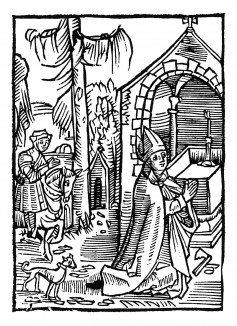 Егерь находит молящегося Святого Вольфганга. Из "Жития Святого Вольфганга" (Das Leben S. Wolfgangs) неизвестного немецкого мастера. Издал Johann Weyssenburger, Ландсхут, 1515