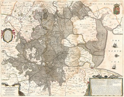 Карта графства Кембриджшир и восточной части Англии с частью графств Линкольшир, Норфолкшир и Саффолкшир. The Finnes. Составил Ян Янсониус. Амстердам, 1636