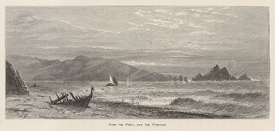 Берег Сан-Педро вблизи Сан-Франциско, штат Калифорния. Лист из издания "Picturesque America", т.I, Нью-Йорк, 1872.