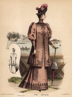 Городской дамский костюм с вышивкой, кокетливая шляпа с розовыми перьями и зонт. Из французского модного журнала Le Coquet, выпуск 290, 1892 год