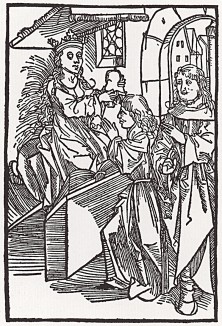 Коронованная особа присваивает учёному степень доктора (гравюра Дюрера с титульного листа Oratorio Cassandre virginis venete pro Bertuchio Lamberto -- научного труда первой женщины-учёного Кассандры Фиделис (1465 - ?)