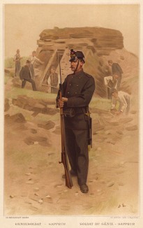 Сапёр-минёр инженерных войск Швейцарии в карауле (из альбома хромолитографий L' Armée Suisse... Цюрих. 1894 год)