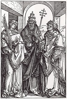 Святой Стефан (первый христианский мученик), святой папа Сикст II (?--258) и святой Лаврентий (225--258) (гравюра Альбрехта Дюрера)
