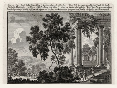 Иосиф встречается со своими братьями и прощает их (из Biblisches Engel- und Kunstwerk -- шедевра германского барокко. Гравировал неподражаемый Иоганн Ульрих Краусс в Аугсбурге в 1700 году)