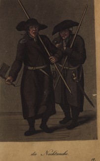 Два гамбургских сторожа, вооружённые колотушками и саблями, собираются в ночной дозор