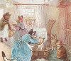 Миссис Табита отмывает котенка Тома. Иллюстрация Беатрис Поттер к "Сказке о пироге и Сэме-Усике" (The Roly-Poly Pudding), Нью-Йорк, 1908 год. 