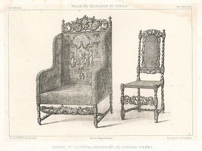 Кресло и стул из замка Ане, XVII век. Meubles religieux et civils..., Париж, 1864-74 гг. 