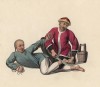 Наказание, при котором палач перерезает саблей сухожилия на ногах преступника (лист 17 устрашающей работы "Китайские наказания", изданной в Лондоне в 1801 году)
