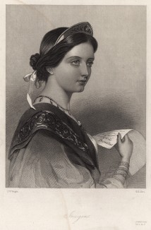 Имогена, героиня пьесы Уильяма Шекспира "Цимбелин". The Heroines of Shakspeare. Лондон, 1850-е гг.