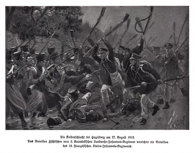 Атака прусской пехоты в сражении под Хагельбергом 27 августа 1813 г. Илл. Рихарда Кнотеля. Die Deutschen Befreiungskriege 1806-1815. Берлин, 1901 г.