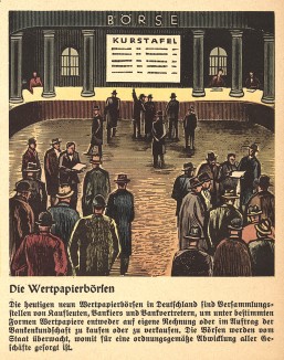 Биржа ценных бумаг. Из брошюры Das Deutche Bankwesen - краткой истории мировой финансовой системы и немецкого банковского дела в 30 картинках, изложенной нацистскими художниками. Эссен, 1938