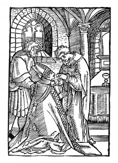Последнее причастие Святого Вольфганга. Из "Жития Святого Вольфганга" (Das Leben S. Wolfgangs) неизвестного немецкого мастера. Издал Johann Weyssenburger, Ландсхут, 1515