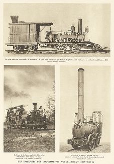 Одни из ранних локомотивов: "Джон Булл", "Атлантик" и "Адженория". Les chemins de fer, Париж, 1935