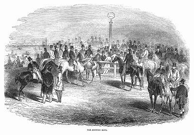 Зрители, собравшиеся в круг для того, чтобы сделать ставки на знаменитых скачках Дерби, проводящихся на ипподроме в английском городе Эпсом (The Illustrated London News №108 от 25/05/1844 г.)