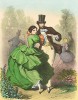 Мазурка в исполнении элегантной пары. Из альбома литографий Paris. Miroir de la mode, посвящённого французской моде 1850-60 гг. Париж, 1959