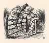 Я все продумал, наконец, и, дав ему пинка, -- Как поживаете, отец? -- спросил я старика (иллюстрация Джона Тенниела к книге Льюиса Кэрролла «Алиса в Зазеркалье», выпущенной в Лондоне в 1870 году)