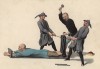 Наказание, влекущее за собой раздробление костей ног (азиатский вариант любимого инквизицией "испанского сапожка") (лист 9 устрашающей работы "Китайские наказания", изданной в Лондоне в 1801 году)