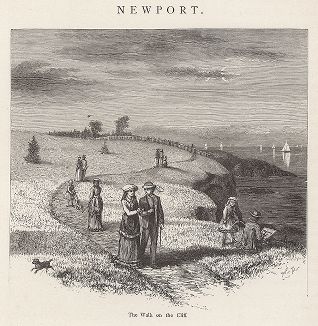 Прогулка вдоль обрыва, окрестности Ньюпорта, штат Род-Айленд. Лист из издания "Picturesque America", т.I, Нью-Йорк, 1872.