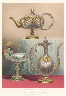 Изящные блюда, чайники и кувшины из серебра, покрытые эмалью и позолотой. Каталог Всемирной выставки в Лондоне 1862 года, т.2, л.174