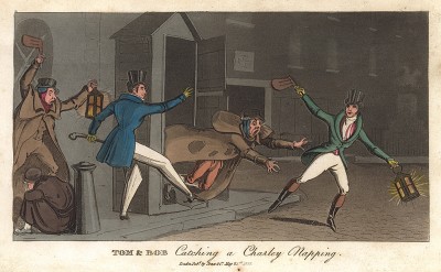 Том и Боб застают ночного сторожа Чарли врасплох. Акватинта Джорджа Крукшенка. Лондон, 1822