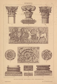 Архитектурные и декоративные элементы древнеримских храмов, в том числе храма Юноны (лист 7 альбома "Сокровищница орнаментов...", изданного в Штутгарте в 1889 году)