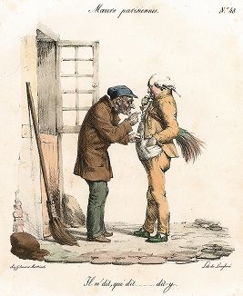 Разговор двух мужчин с метлами. Литография Эдме Пигаля из серии Moeurs Parisiennes, 1825 год. 