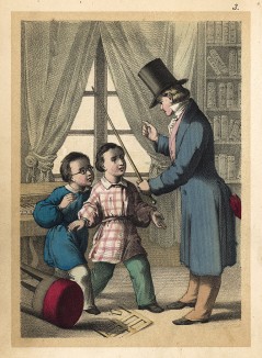 Дети разбили дядину подставку для нот. Гравюра из детской книги "Bright Pictures from Child Life", Бостон, 1857