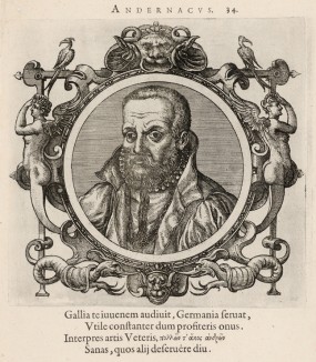 Йоханн Винтер ван Андернах (1505--1574 гг.) -- врач, учёный и гуманист XVI века из Нидерландов (лист 34 иллюстраций к известной работе Medicorum philosophorumque icones ex bibliotheca Johannis Sambuci, изданной в Антверпене в 1603 году)