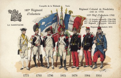 1772-1914 гг. Мундиры и знамена 107-го пехотного полка французской армии, сформированного в 1772 г. и сражавшегося в Голландии и под Турином. Коллекция Роберта фон Арнольди. Германия, 1911-29